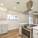 Stainless steel appliances and overhead venthood.