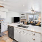 Kitchen area with view of the deck.