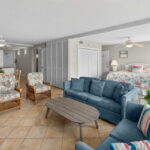 Open kitchen, dining, living and front bedroom (sliding wood doors will close for bedroom privacy).