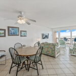Dining area with patio beach views.
