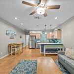 Low maintenance, stamped concrete floors.