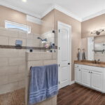Walk-in shower and second vanity.